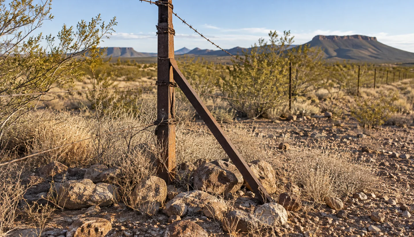 Fence and parcel corner marker in desert countryside