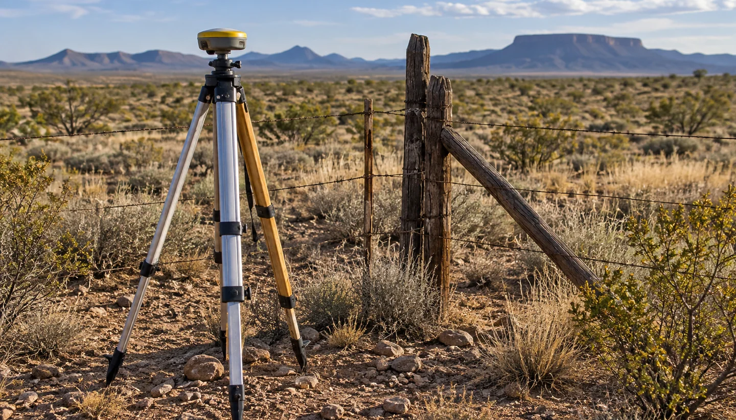 Survey instrument beside a rural fence corner
