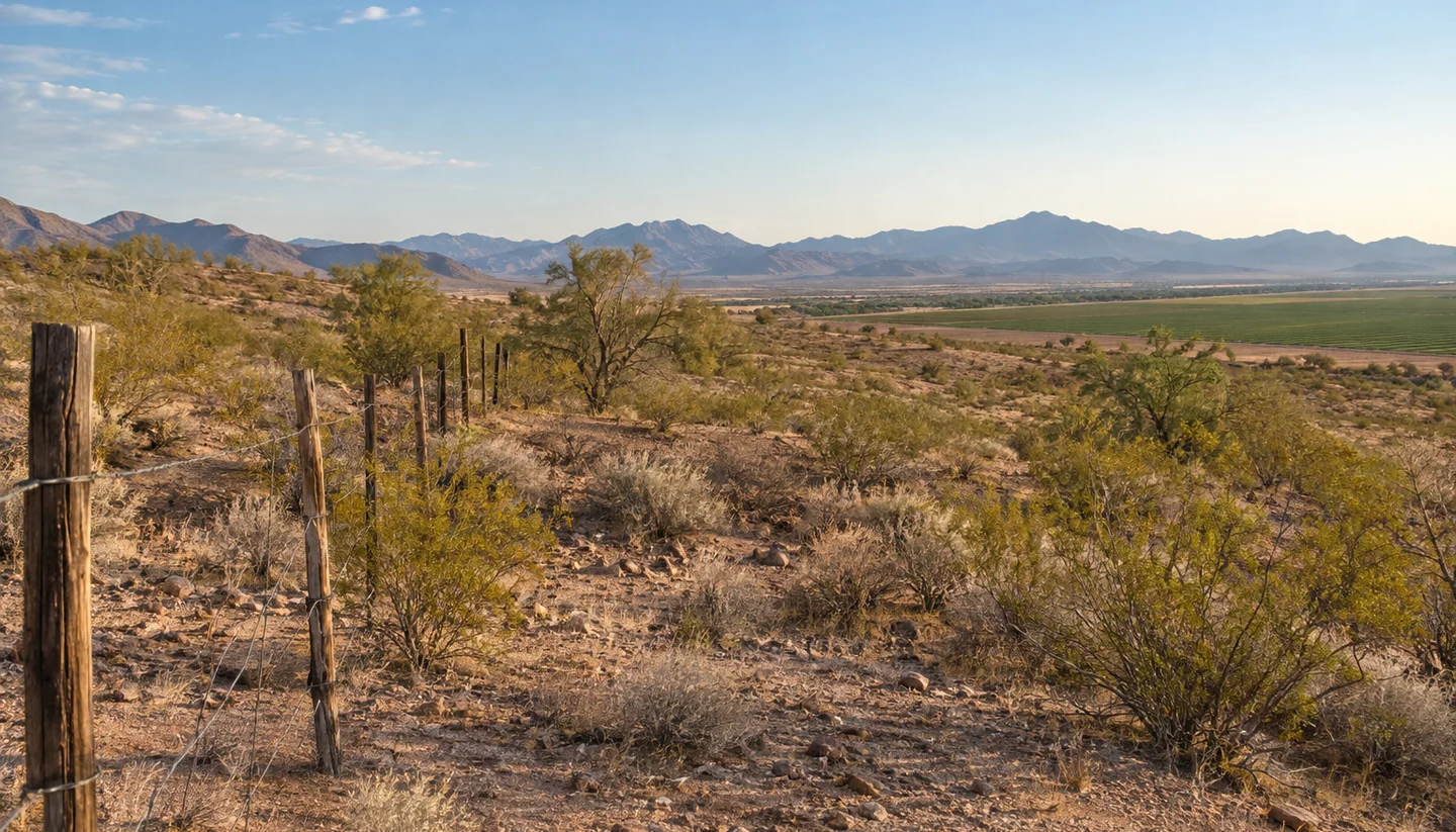 Desert parcel with fence and distant fields