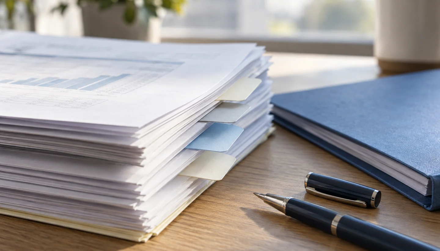 Stacked tax paperwork and a blue folder