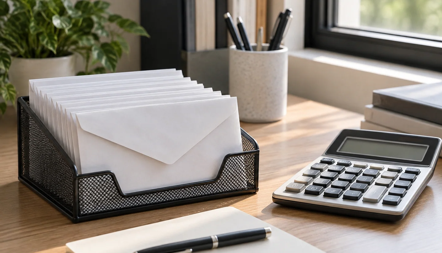 Receipt envelopes beside a calculator