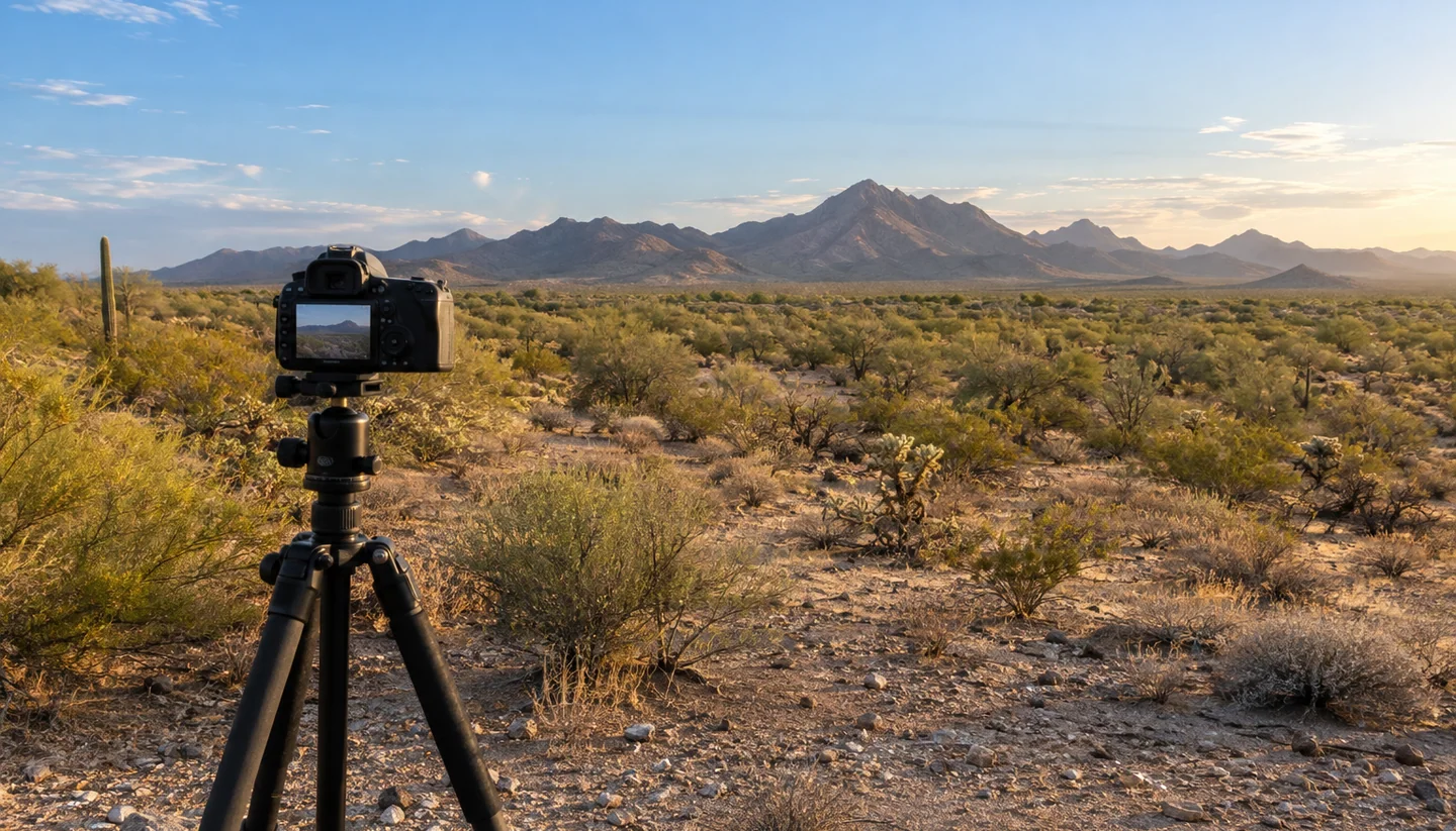 Camera on a tripod overlooking desert land