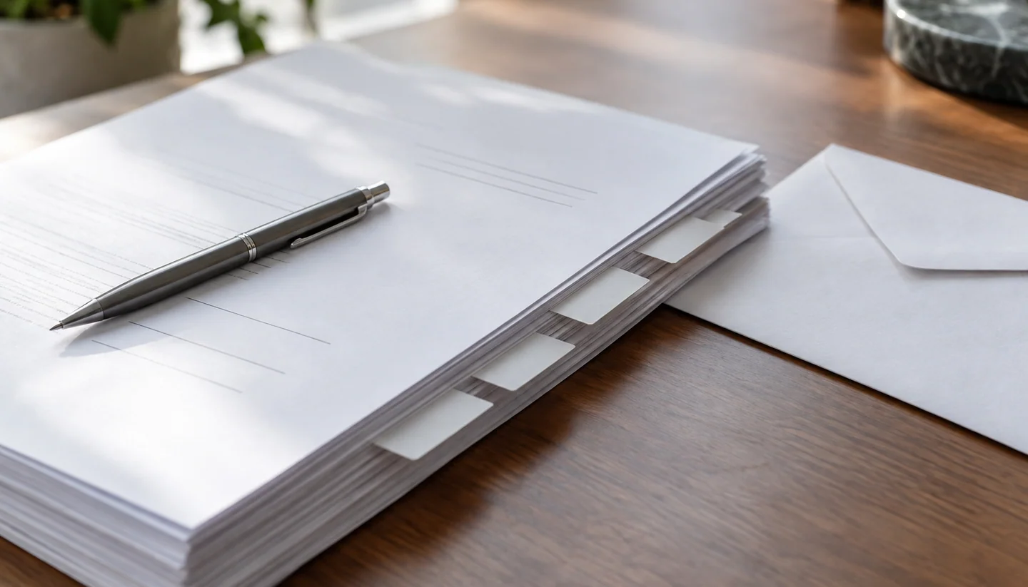 Closing papers with signature tabs and a pen
