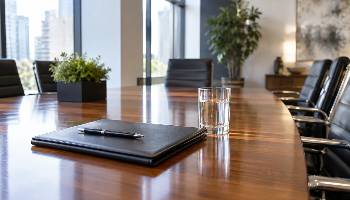 Empty title-office conference table with a document folder