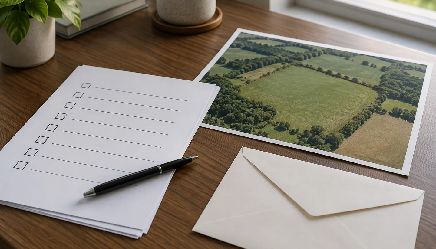 Property checklist and aerial photograph on a desk
