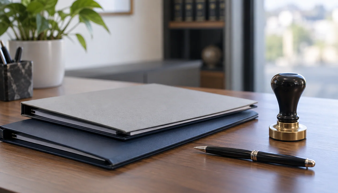 Purchase folders and a notary stamp on a closing table