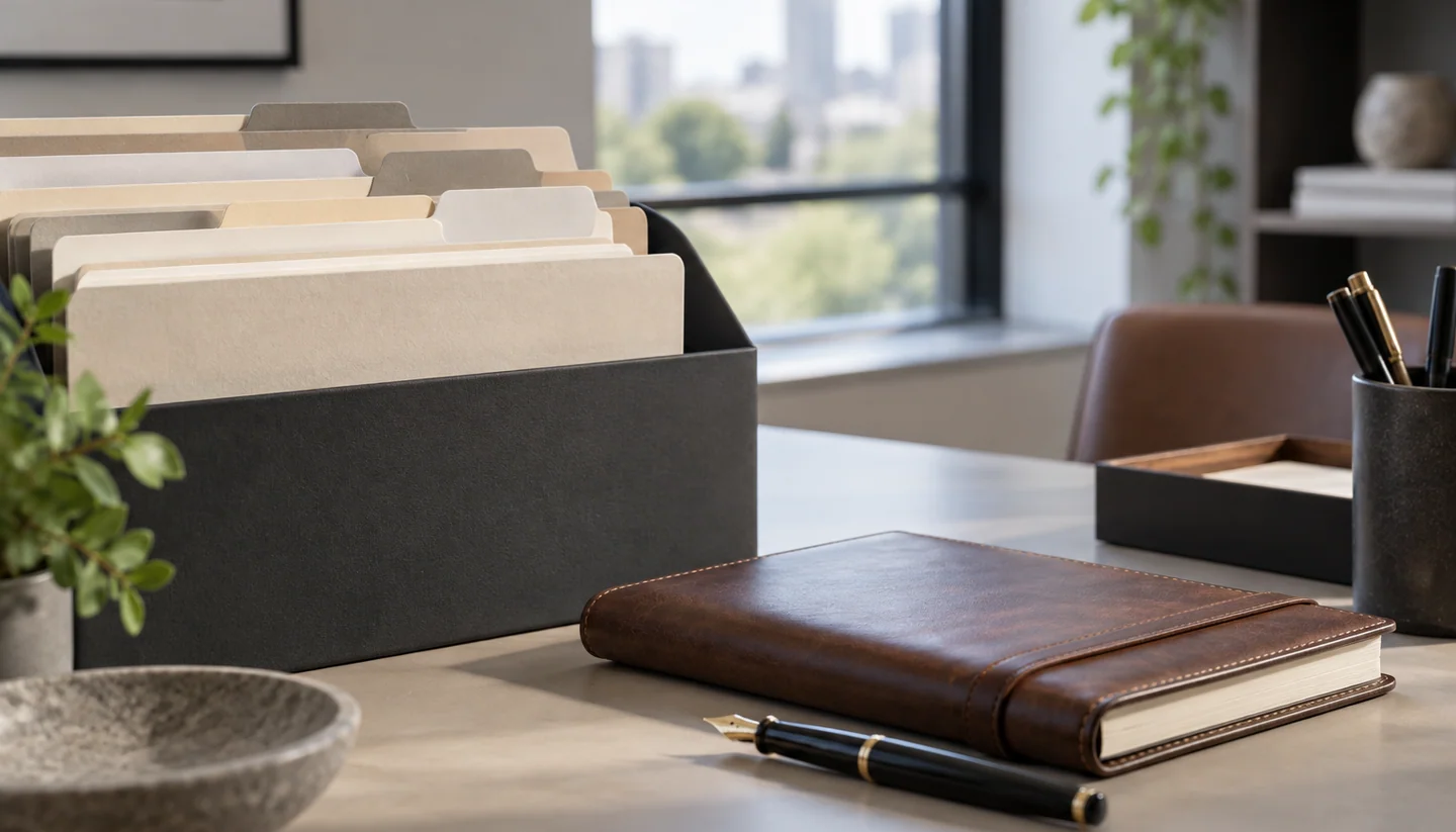 Estate folders and a notebook on a desk