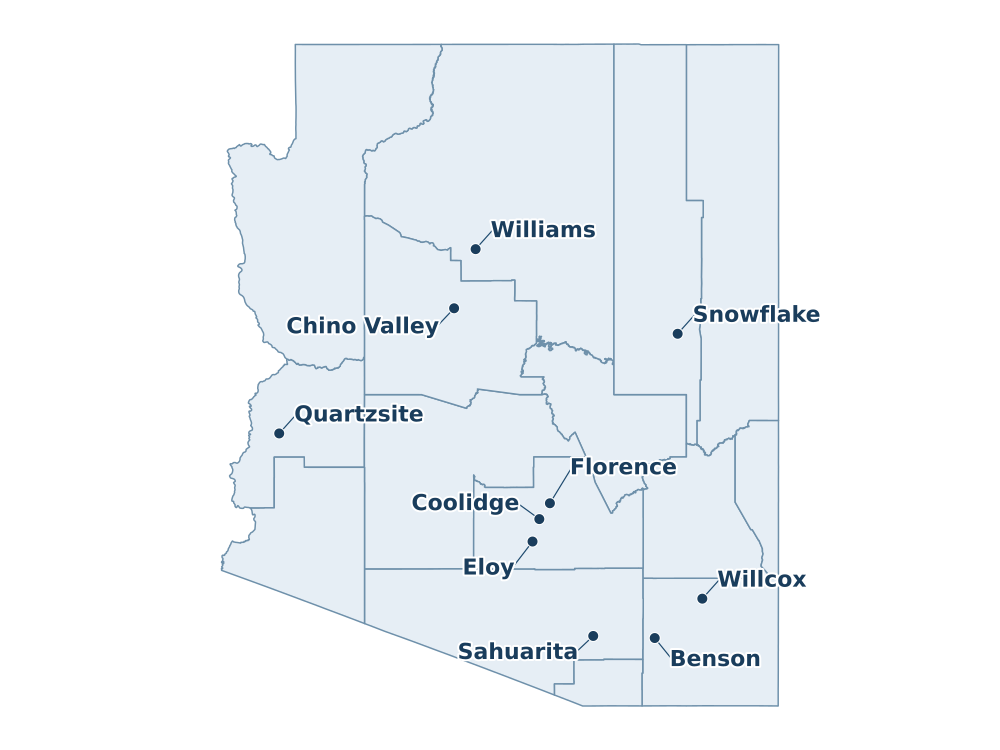 Source-backed map of Arizona county boundaries and selected cities